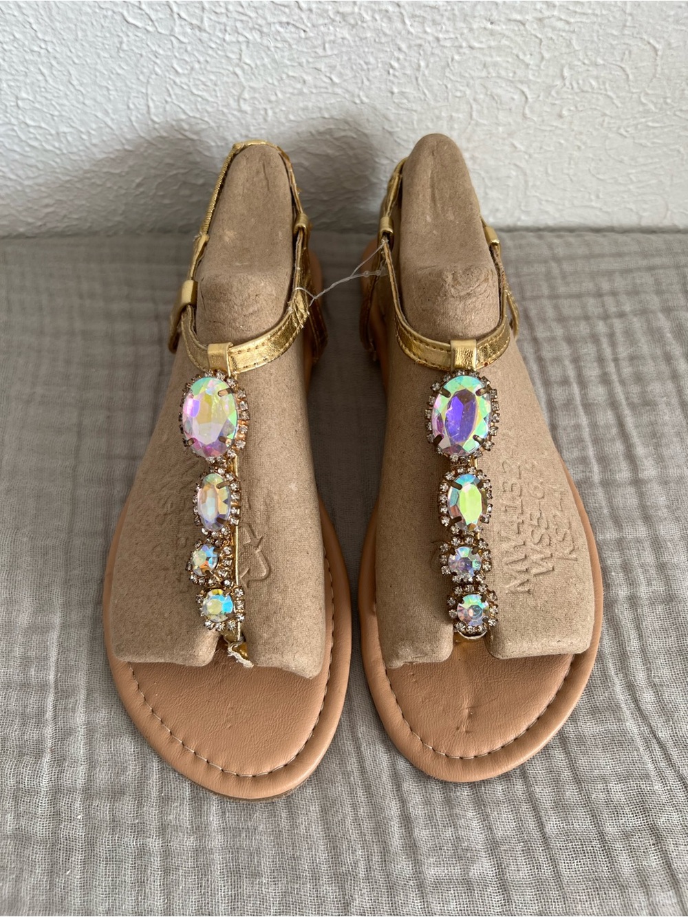 Mixit Halo Stone T Strap Jeweled Flat Sandals Gold